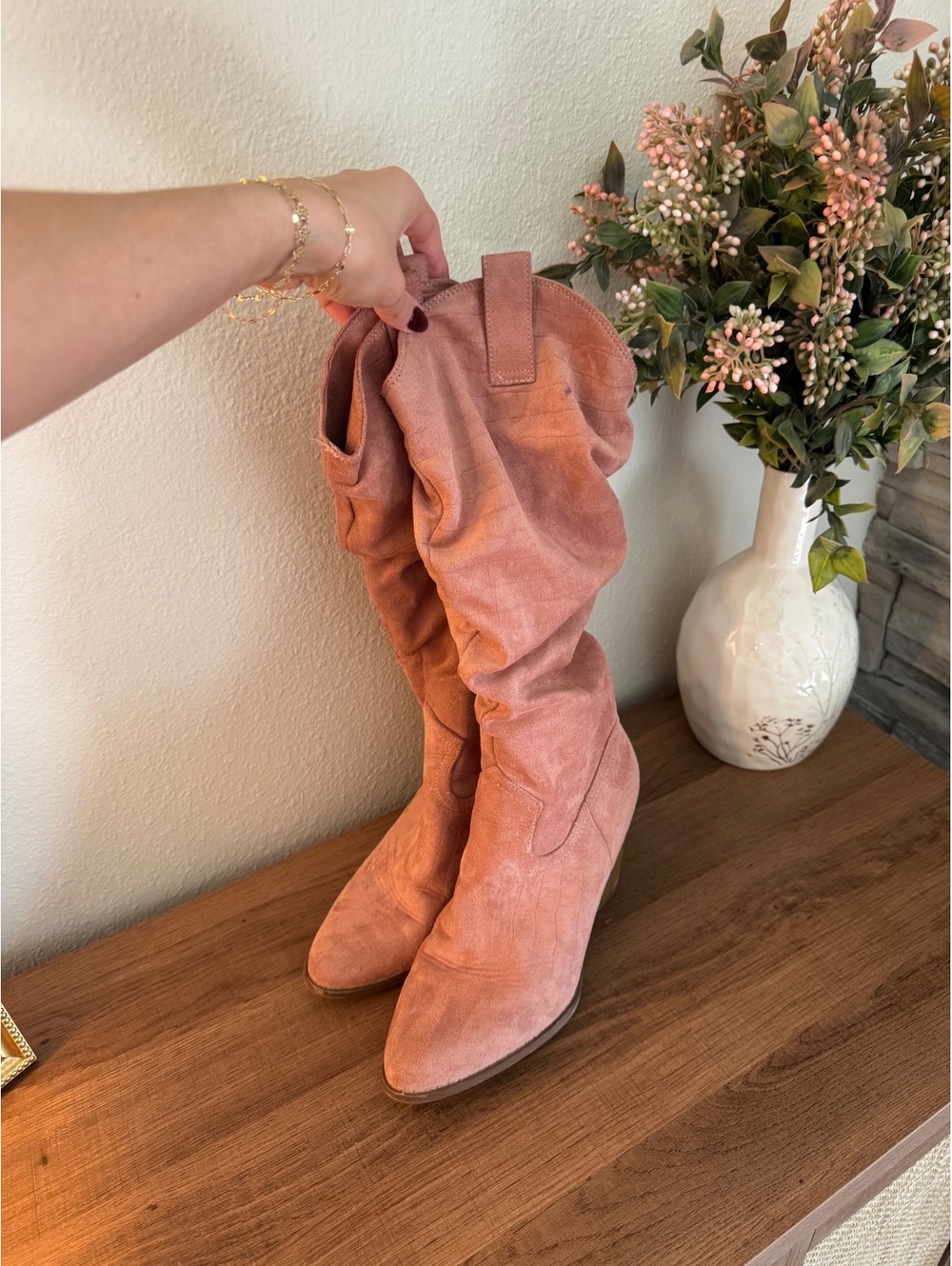 Pink Suede Slouchy Mid-Calf Boots with Block Heel